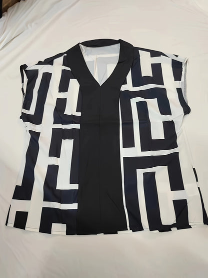Damen Bluse mit grafischem Muster und V-Ausschnitt – Eleganter Business- und Freizeitstil