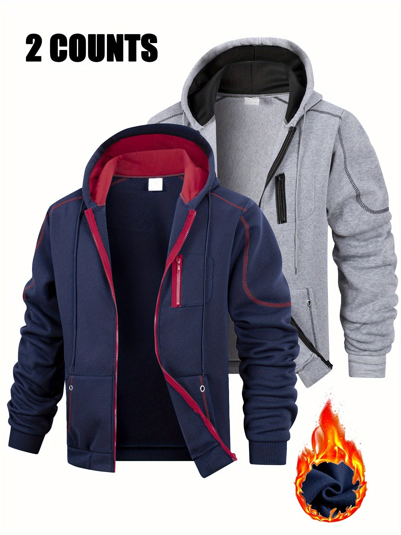 2er Pack Herren Kapuzenjacke Reißverschluss, gefüttert, Kontrastnähte