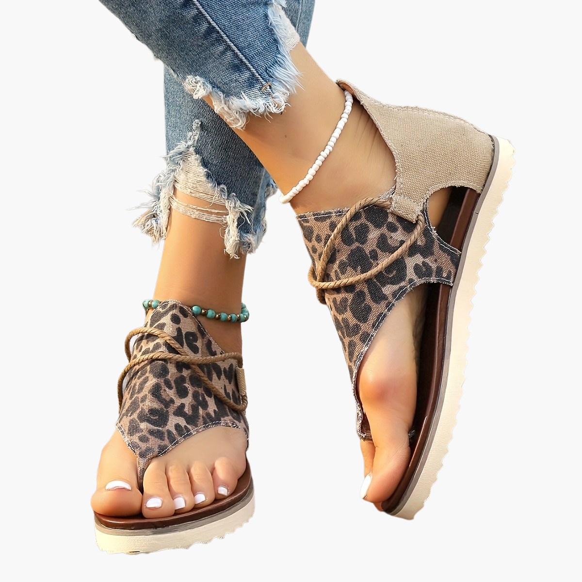 Damesandaler med leopardmønster – Moderne tåsandaler til sommer og fritid