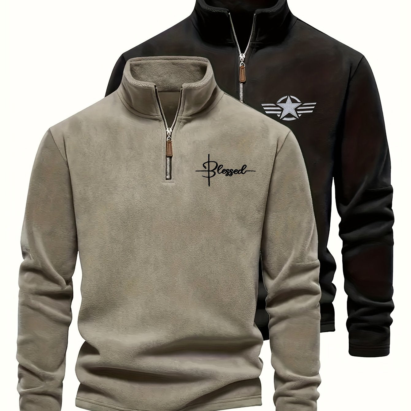 Herenfleece-pullover met opstaande kraag en rits, zwart en kaki