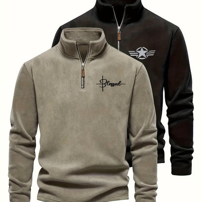 Herenfleece-pullover met opstaande kraag en rits, zwart en kaki