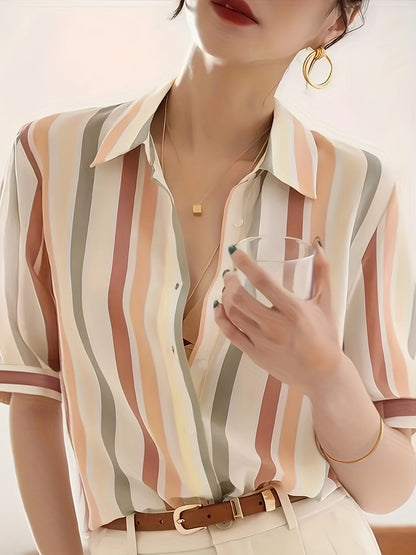 Blusa casual de negocios para mujer con estampado de rayas – Manga corta, estilo elegante para oficina y uso diario