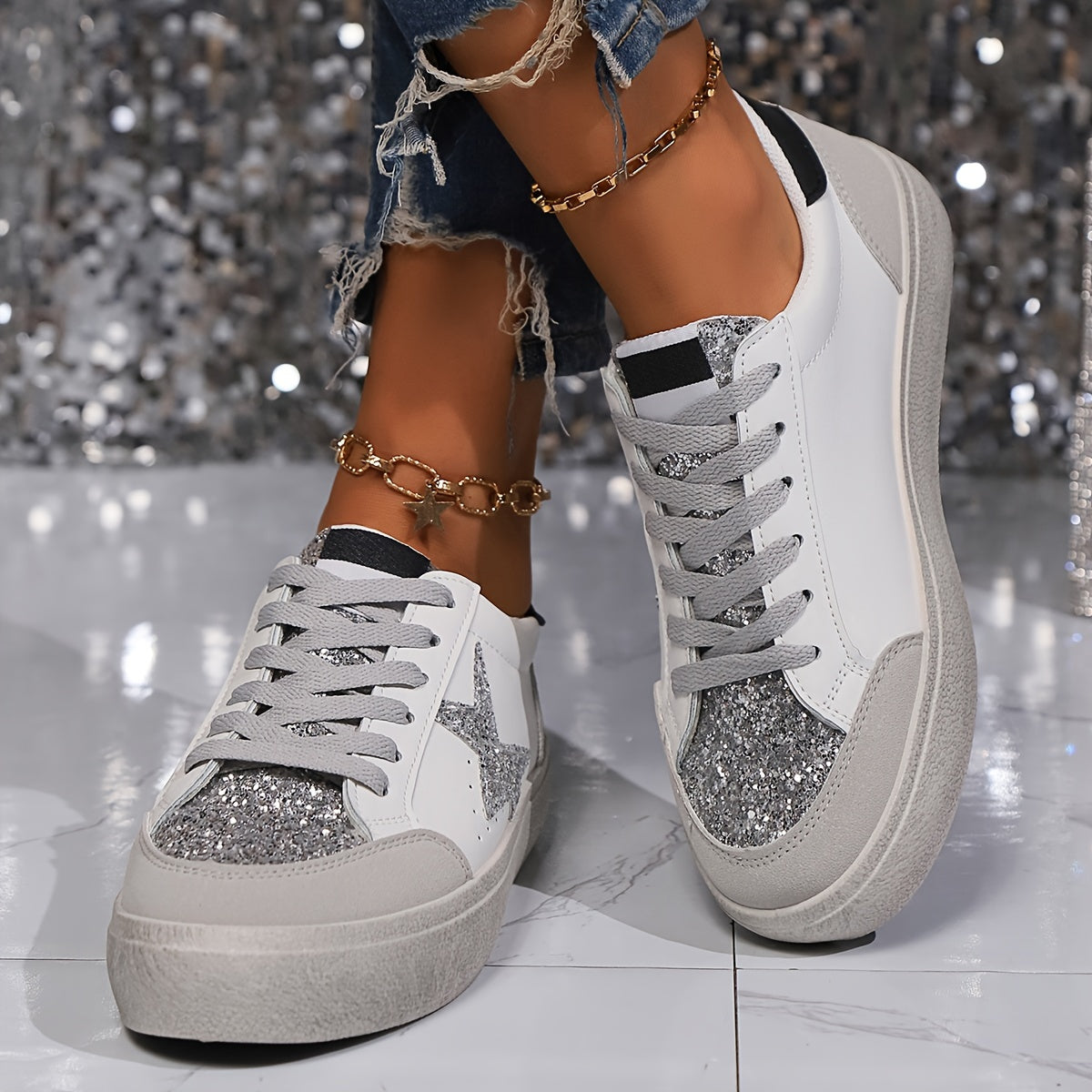 Sneaker da donna in stile street con stella glitterata e plateau – Scarpe casual alla moda