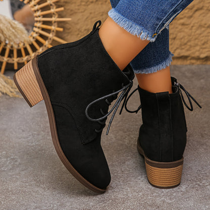 Damen Schnürstiefelette mit seitlichem Reißverschluss, Blockabsatz und spitzer Kappe