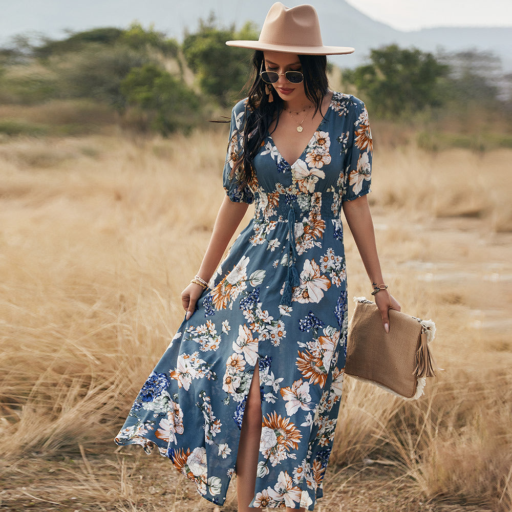 Karen – Robe d'été florale à encolure en V et taille élastique