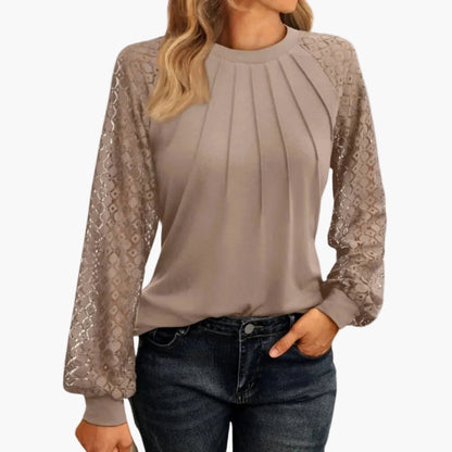 Blusa de manga larga para mujer con mangas de encaje y diseño plisado – Moda casual elegante para el día a día y oficina