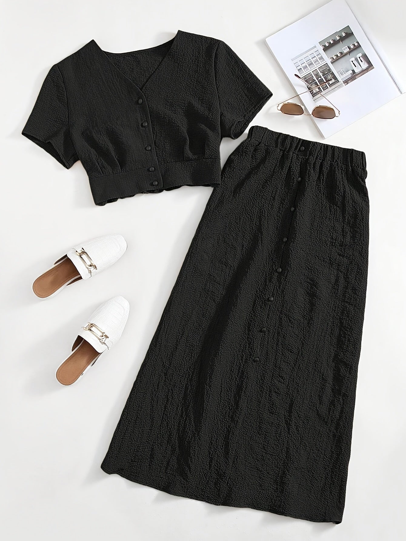 Dame To-delt Sæt – Elegant Fritidsoutfit med Croptop og Midi Nederdel, Moderne & Alsidigt