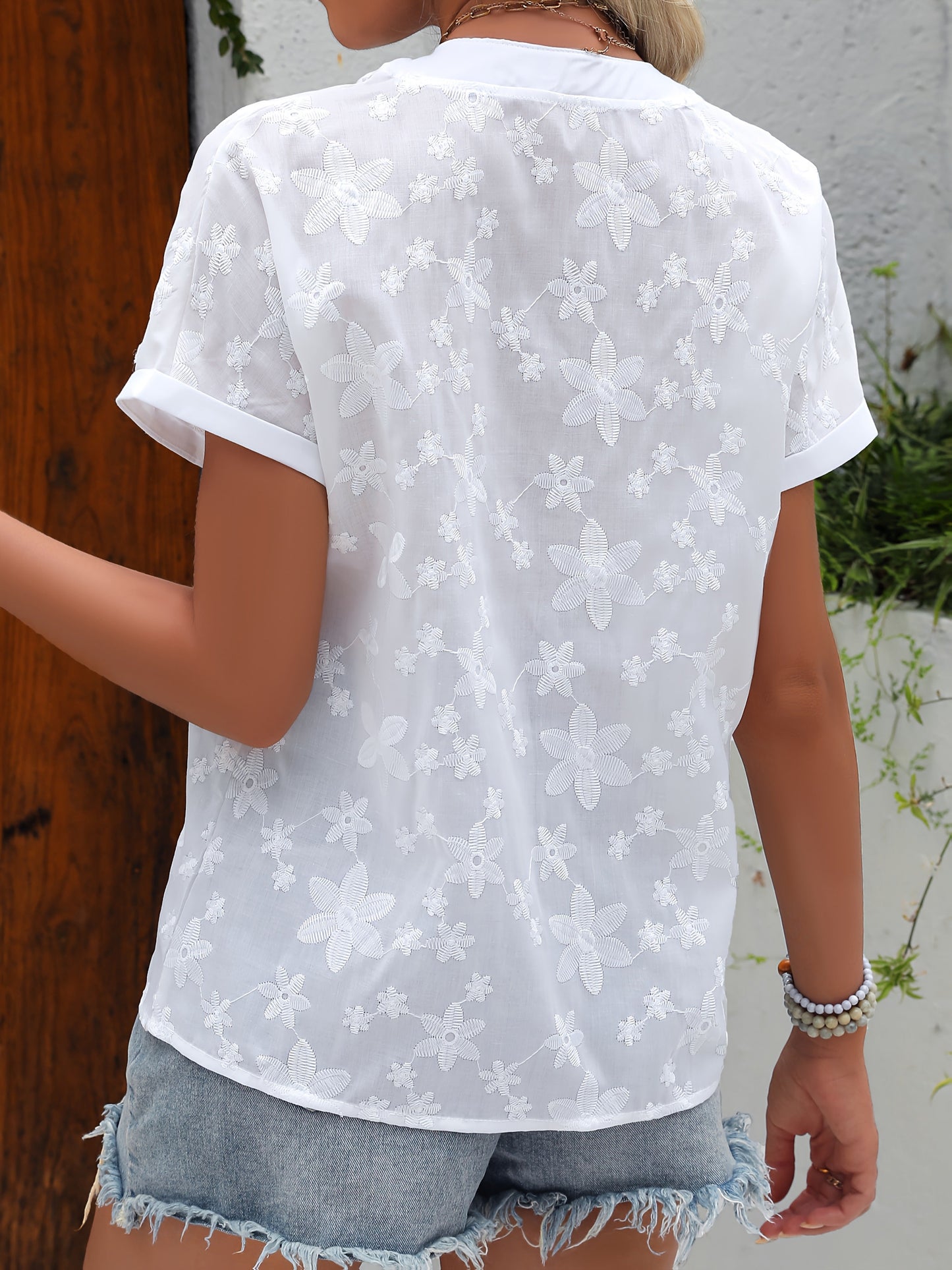 Damen Bluse Elegant Halbtransparent Blumenstickerei Kurzarm Sommer Freizeit