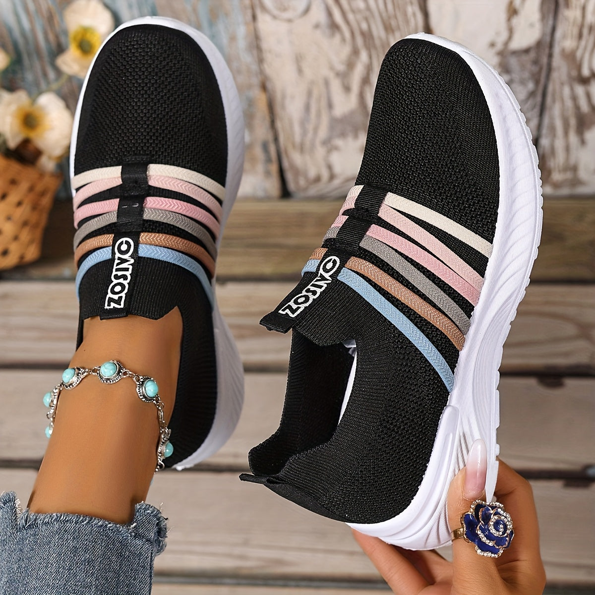 Sneaker Slip-On da donna con motivo a righe – Scarpe casual comode per tutti i giorni e viaggi