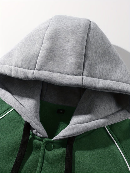 Heren-honkbaljack met capuchon, college-stijl, drukknopen, contrasterende mouwen en tekstcuntegn