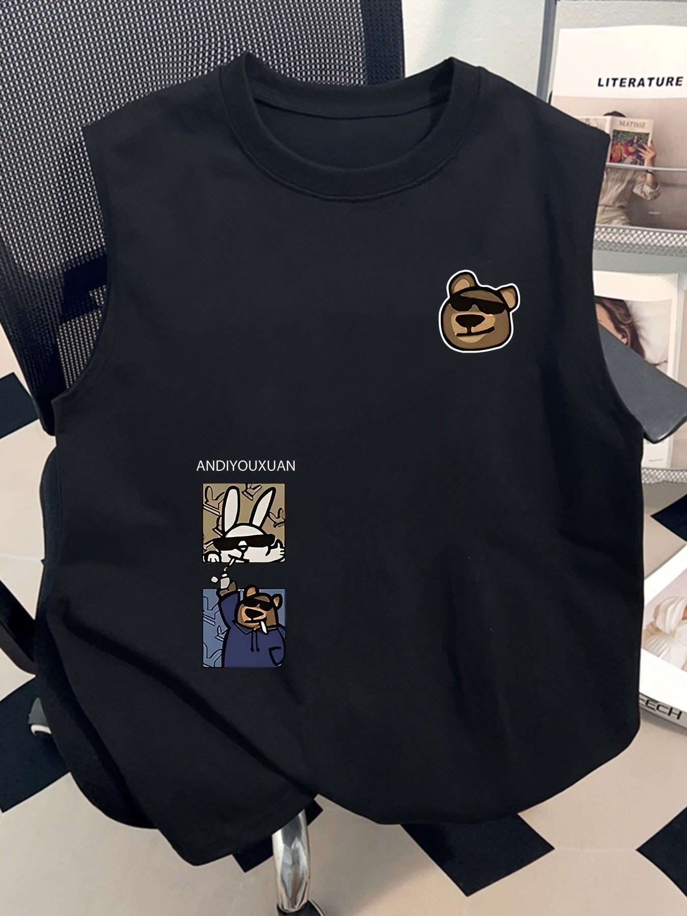 Męski modny bezrękawnik streetwear z nadrukiem kreskówkowym i nowoczesnym wzorem charakteru