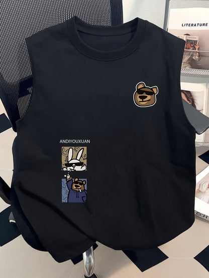 Męski modny bezrękawnik streetwear z nadrukiem kreskówkowym i nowoczesnym wzorem charakteru