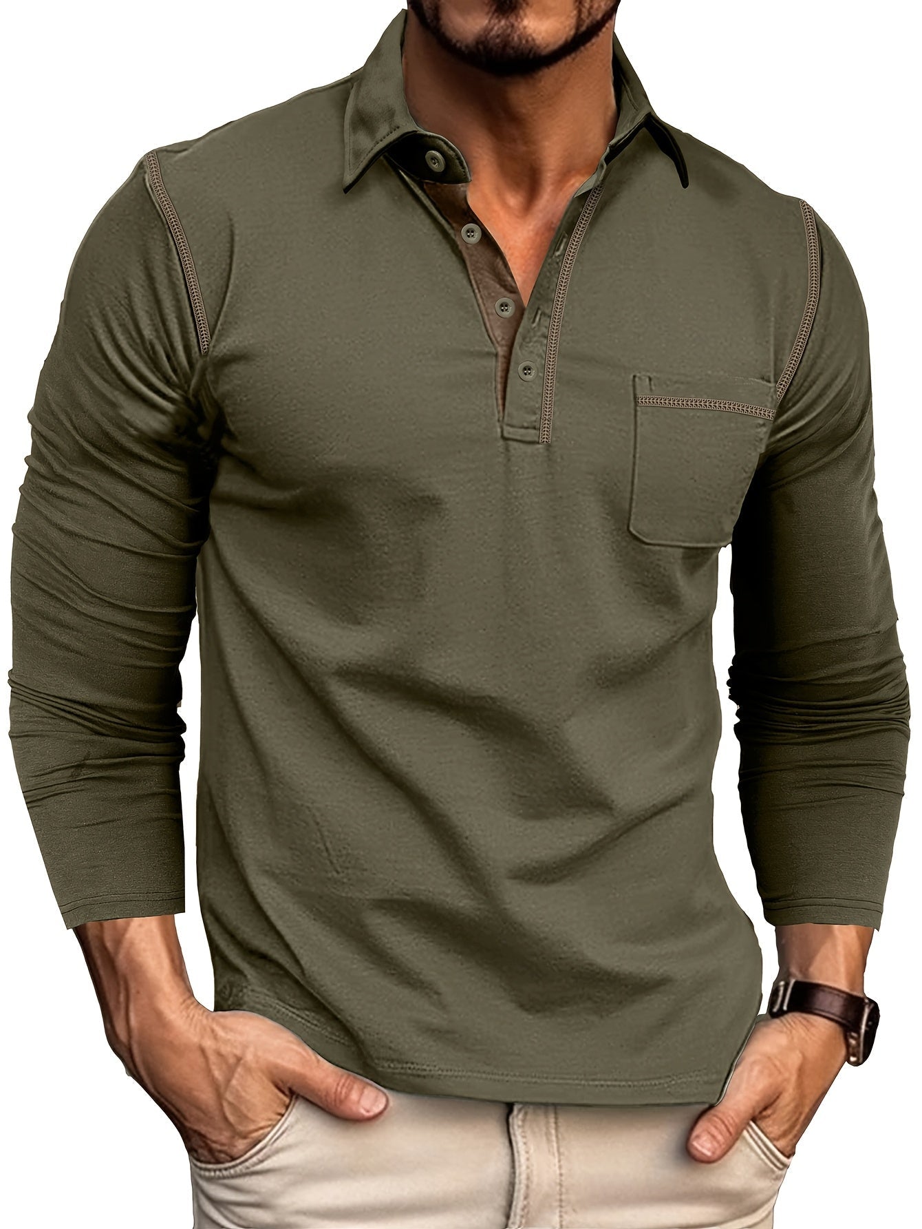 Langærmet poloshirt til herrer med knaplukning og brystlomme