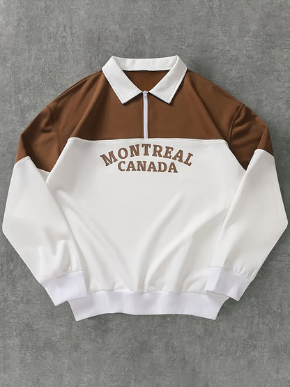 Unisex Color Block Sweatshirt mit Reißverschluss-Polo-Kragen und Montreal Canada Aufdruck