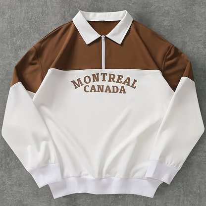Unisex Color Block Sweatshirt mit Reißverschluss-Polo-Kragen und Montreal Canada Aufdruck
