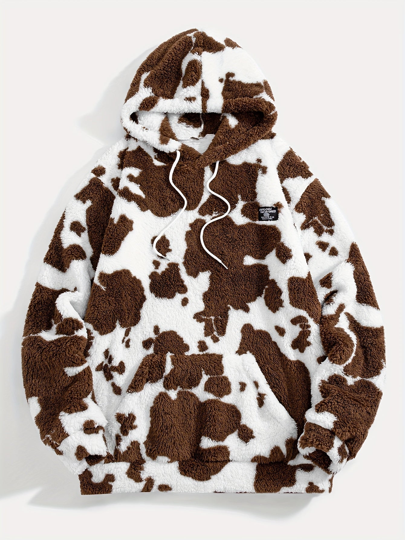 Unisex Teddy Fleece Hoodie mit Kapuze und Kuhfleckenmuster