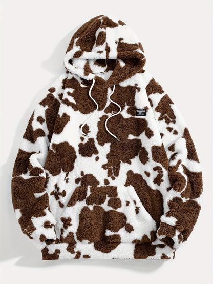 Unisex Teddy Fleece Hoodie mit Kapuze und Kuhfleckenmuster