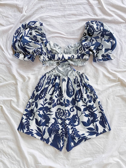 Mono de verano para mujer con mangas abullonadas y estampado tropical – Perfecto para la playa y las vacaciones