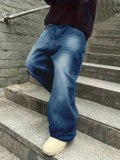 Loose Fit Jeans mit weitem Bein für Herren, Used-Look, Blau