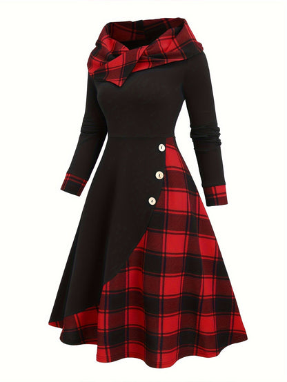 Damen Kapuzenkleid Schwarz Karomuster Langarm Midi