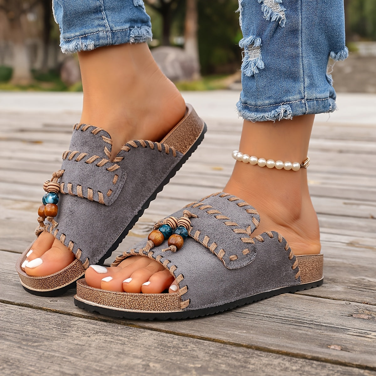 Dame Boho Sommer Pantoletten – Komfortable håndlavede slides til fritid og ferie