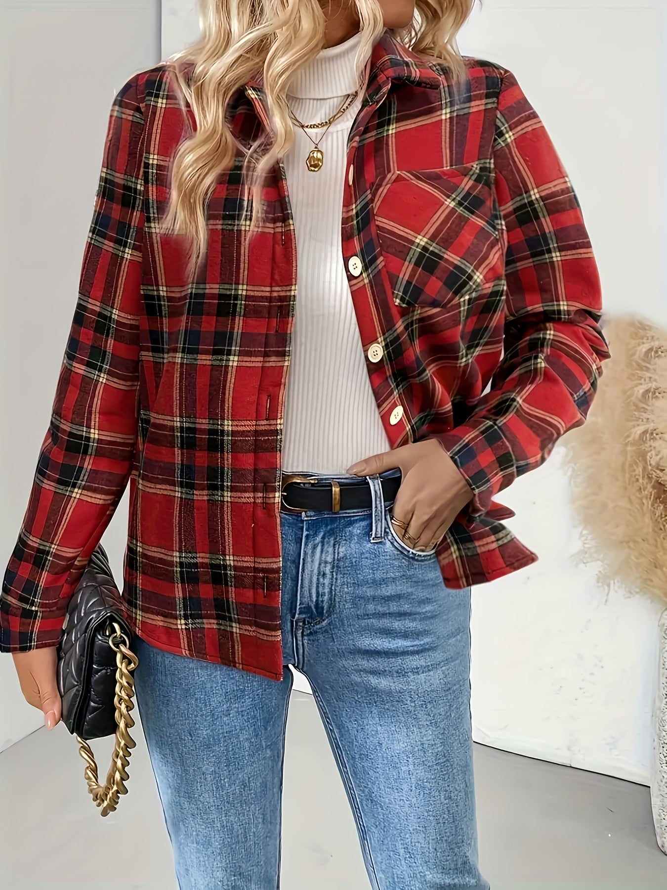 Camisa de cuadros para mujer con forro cálido – verde/rojo, manga larga