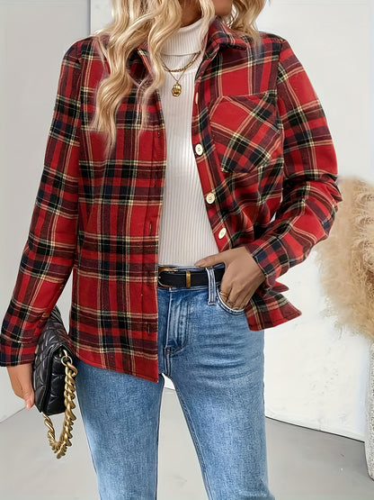 Camisa de cuadros para mujer con forro cálido – verde/rojo, manga larga