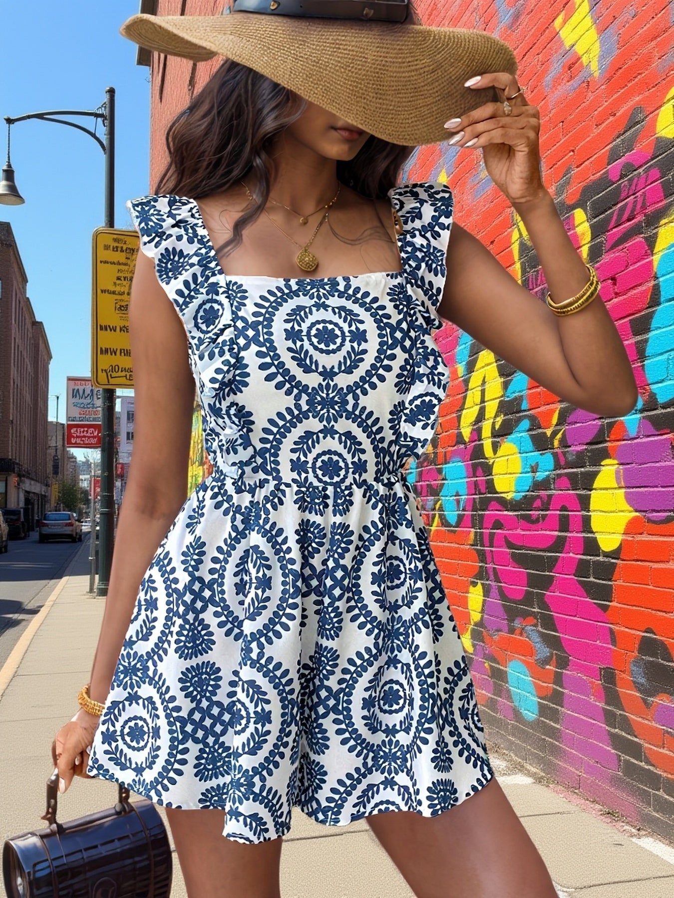 Mono de verano para mujer con estampado tribal y volantes – Elegante prenda de una pieza para tiempo libre y vacaciones