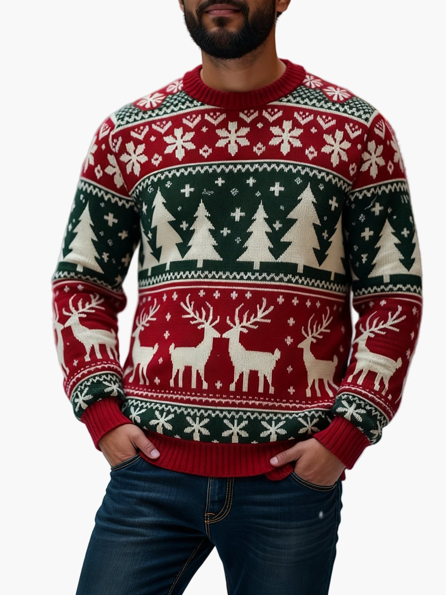 Herren Weihnachtspullover mit Rentier- und Tannenbaum-Muster – Perfekt für festliche Anlässe und Partys