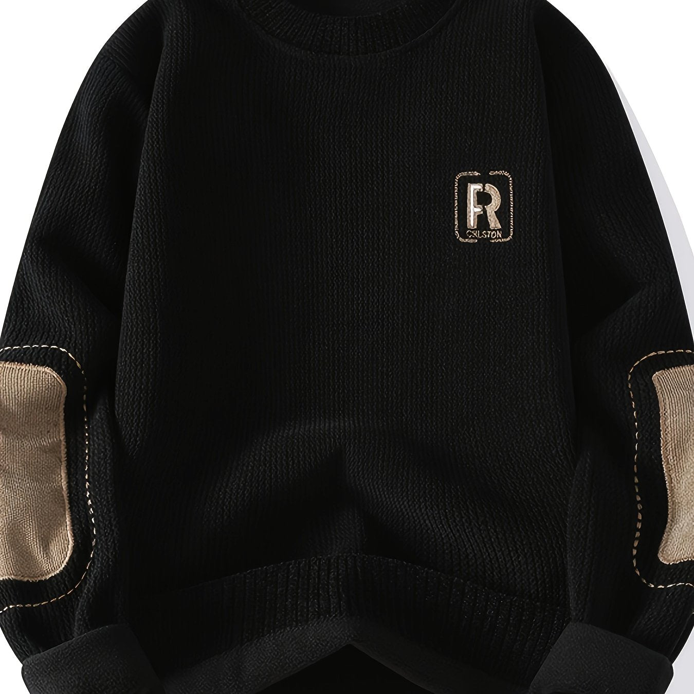 Suéter unisex de cuello redondo con textura acanalada y parches en los codos