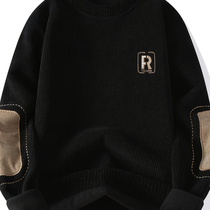 Suéter unisex de cuello redondo con textura acanalada y parches en los codos