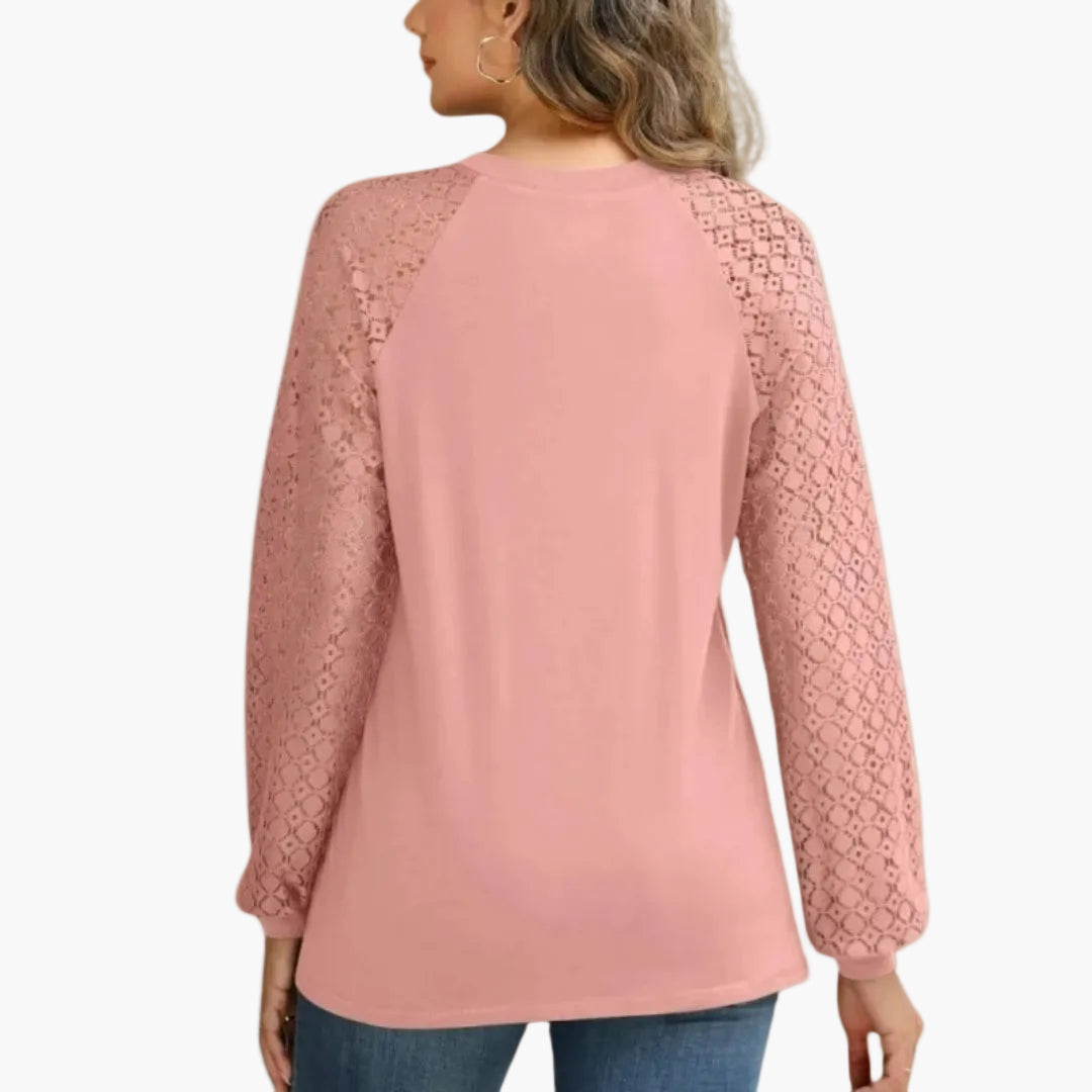 Blusa de manga larga para mujer con mangas de encaje y diseño plisado – Moda casual elegante para el día a día y oficina