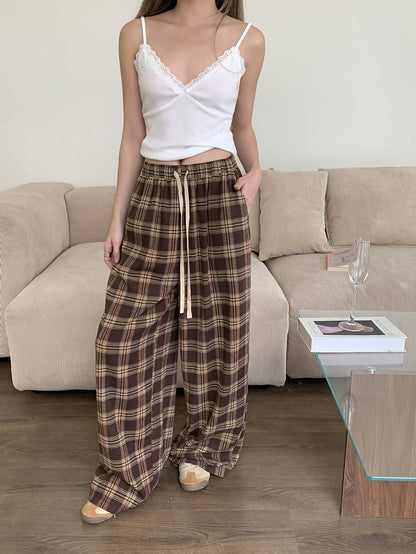 Pantaloni del pigiama da donna, marroni, a quadri, a gamba larga