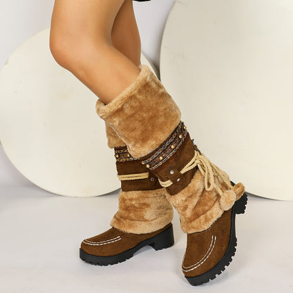 Damen Winterstiefel mit Kunstfell und Zierbändern, warmer gefütterter Schaft