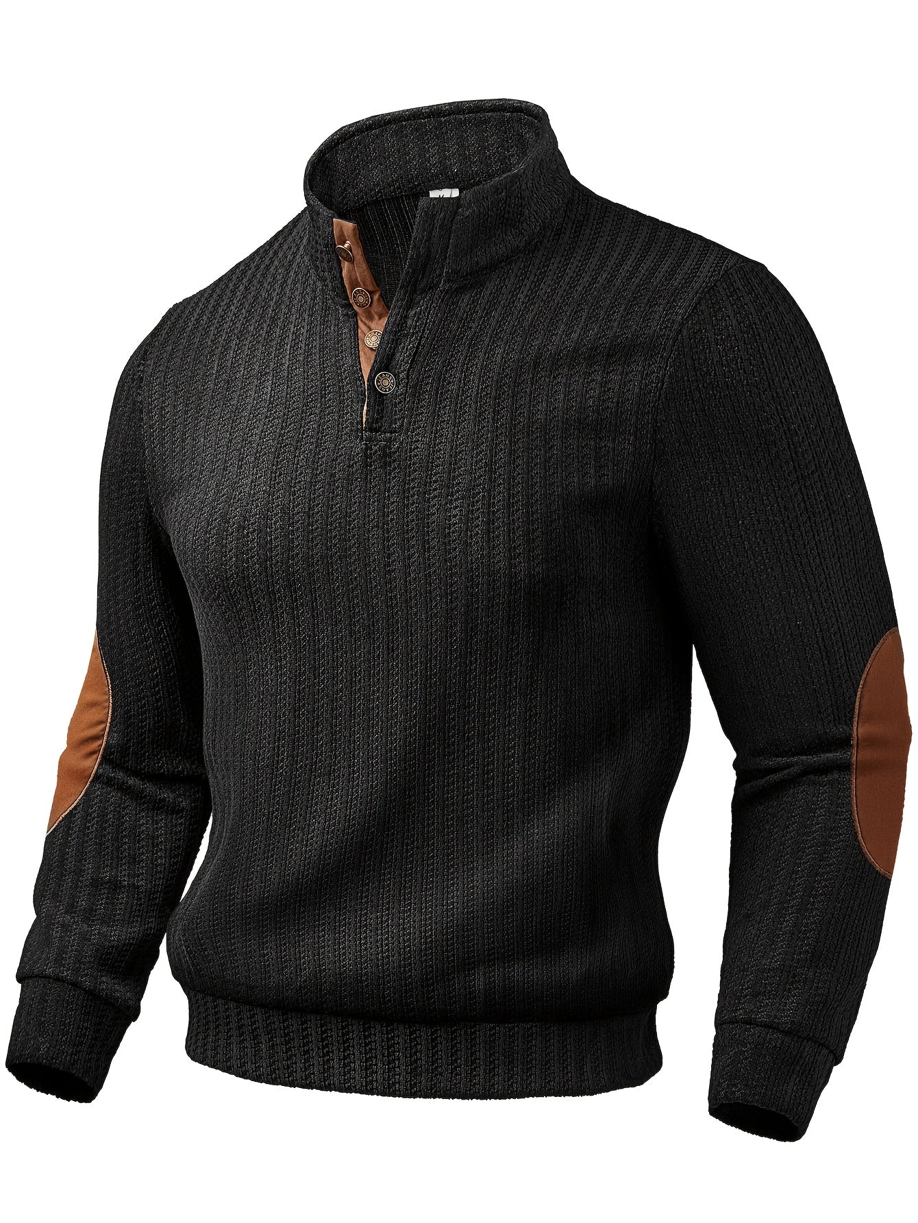 Herren Strickpullover Mock-Neck mit Knopfleiste Ellbogen-Patches Gerippt
