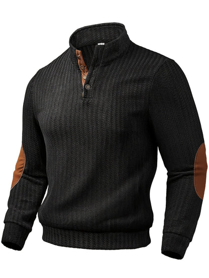 Herren Strickpullover Mock-Neck mit Knopfleiste Ellbogen-Patches Gerippt