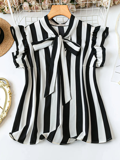 Damebluse elegant med stribet mønster og sløjfehals – Business & fritid