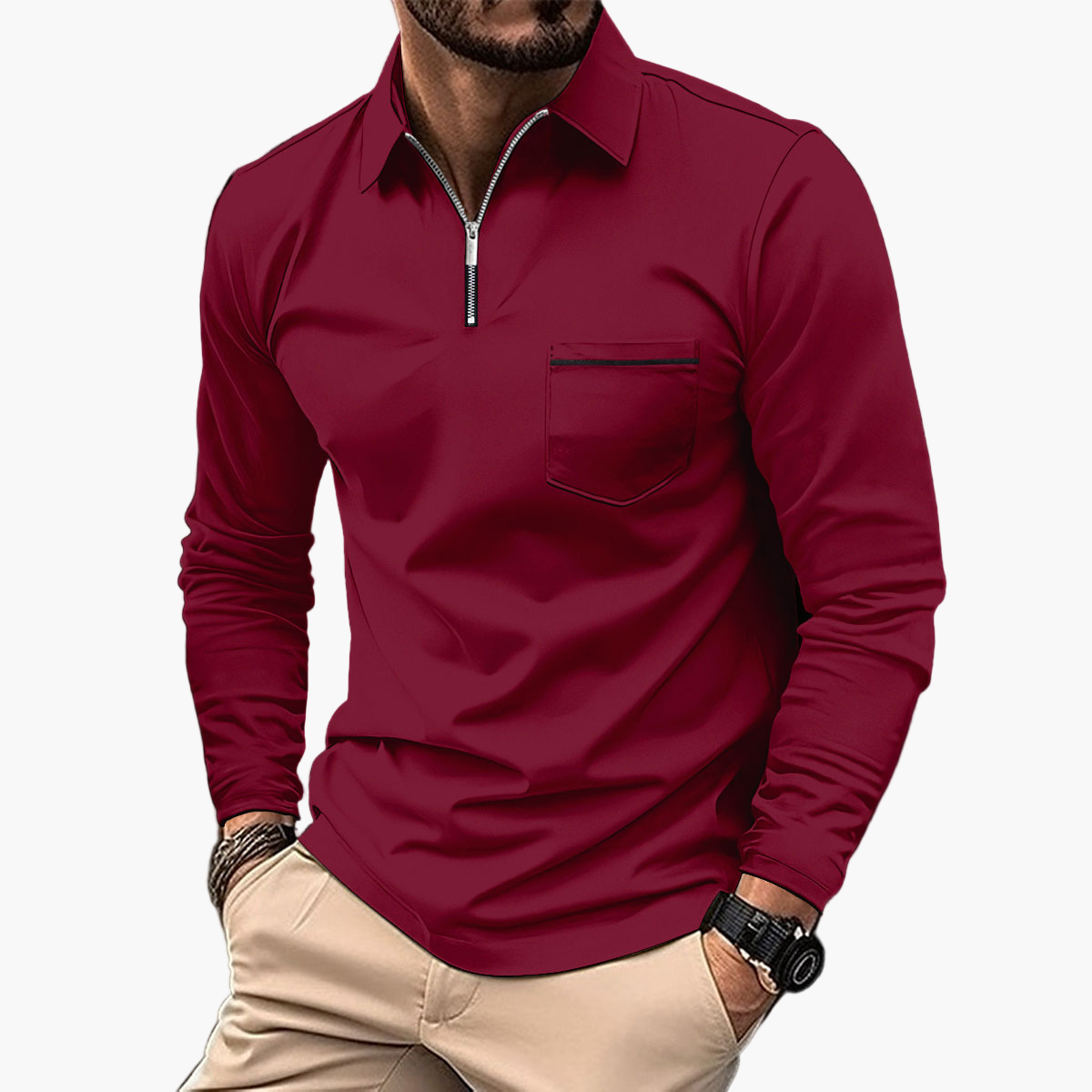 Polo a maniche lunghe da uomo con taschino sul petto – Stile casual classico per ufficio e tempo libero