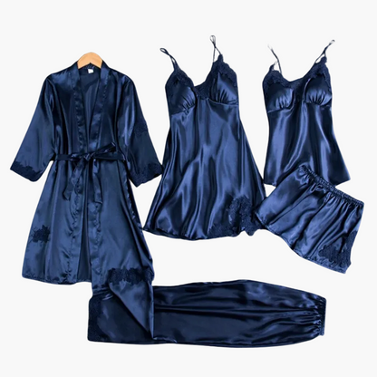 Damen Luxus Nachtwäsche Set 5-teilig – Elegantes Pyjama- und Loungewear Set mit Kimono, Nachthemd, Top, Shorts & Hose