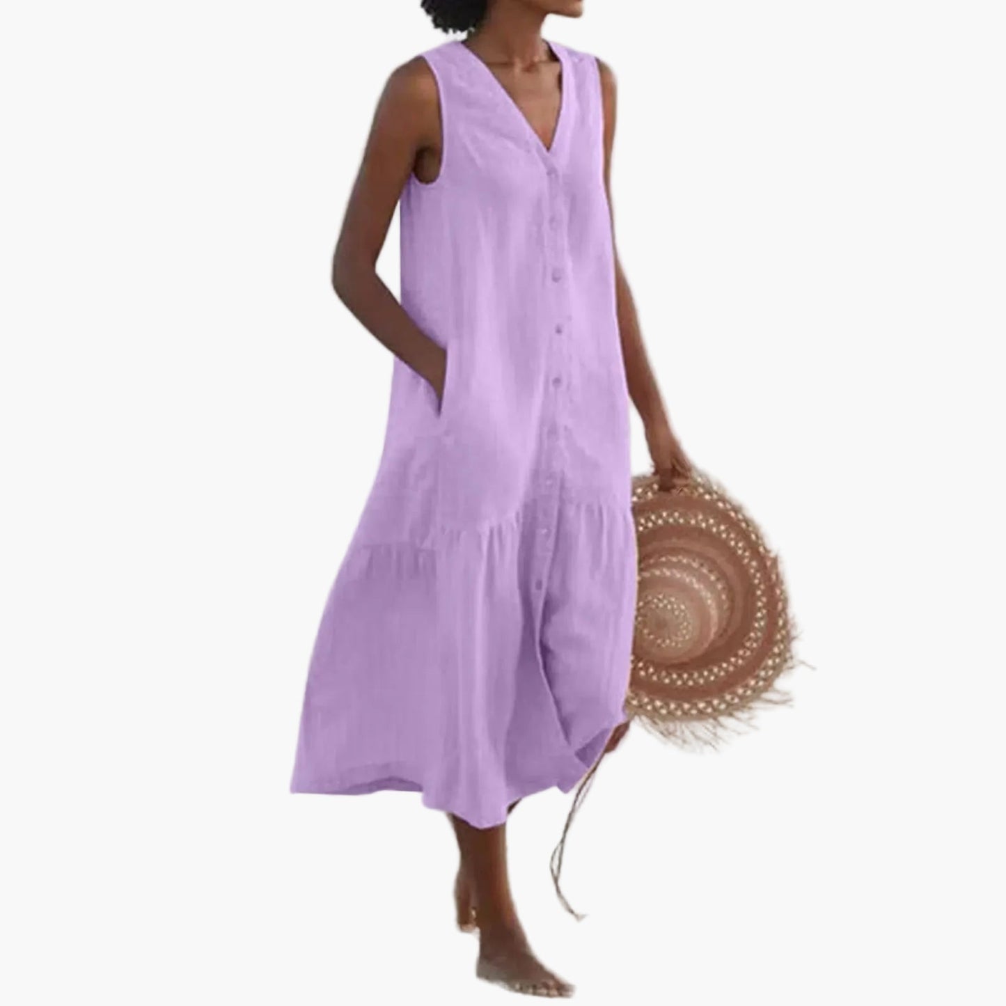 Vestido midi sin mangas de verano para mujer con botonadura – Vestido perfecto para playa y tiempo libre