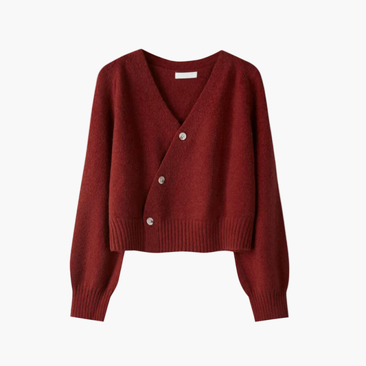 Dam Stickad Cardigan med V-ringning och Snedställda Knappar – Modern Vardagsfavorit