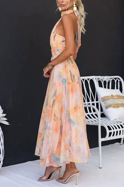 Damen Maxi Kleid – Elegantes Wasserfarben-Design, Halterneck, Festlich & Sommer