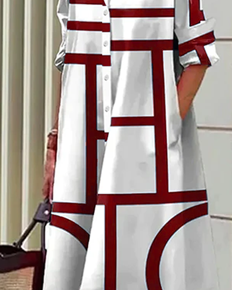 Vestido camisa para mujer con estampado geométrico y bolsillos prácticos – Moderno y versátil para día a día y oficina