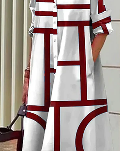 Vestido camisa para mujer con estampado geométrico y bolsillos prácticos – Moderno y versátil para día a día y oficina