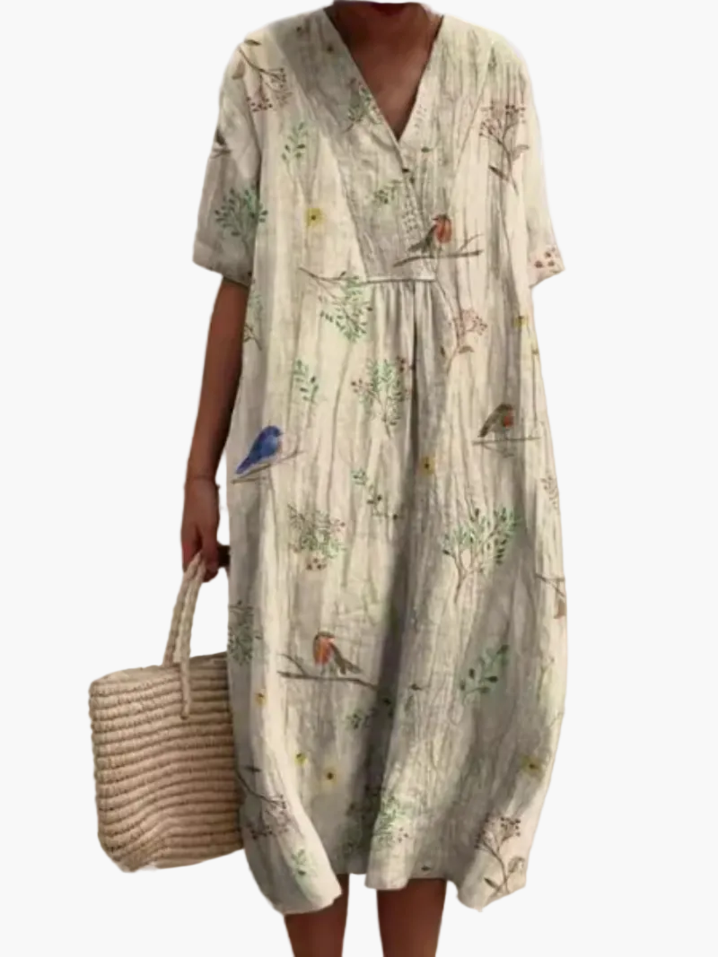 Dame sommerkjole i løs boho-stil – Fritidskjole med blomsterprint og V-udskæring, ideel til strand og hverdag