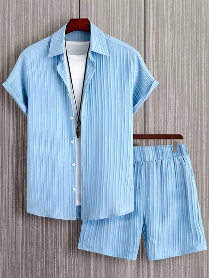 Herren Freizeit Zweiteiler Set – Kurzarm Hemd und Shorts, Sommer Streetwear, Stilvolle Knopfleiste, Ideal für Alltag & Urlaub