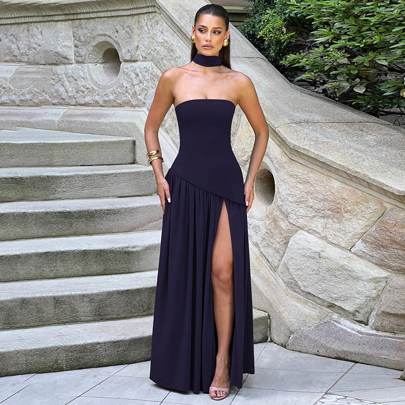Vestido de noche elegante para mujer asimétrico con abertura – Vestido largo moderno para ocasiones especiales