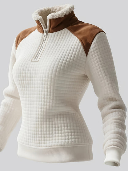 Gestepptes Damen Half-Zip Pullover Creme mit braunen Details