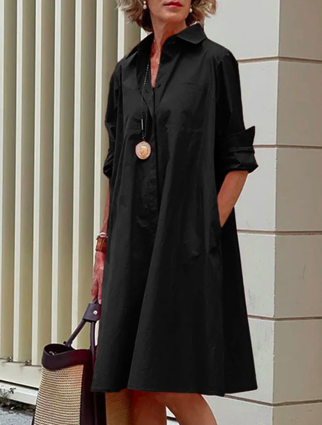 Abito camicia a linea A da donna con colletto polo – Abito midi casual per tutti i giorni e il tempo libero