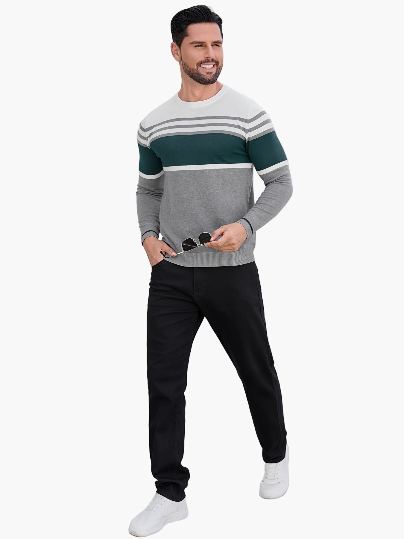 Maglione da uomo con design moderno a righe a blocchi – Girocollo casual per quotidiano e tempo libero